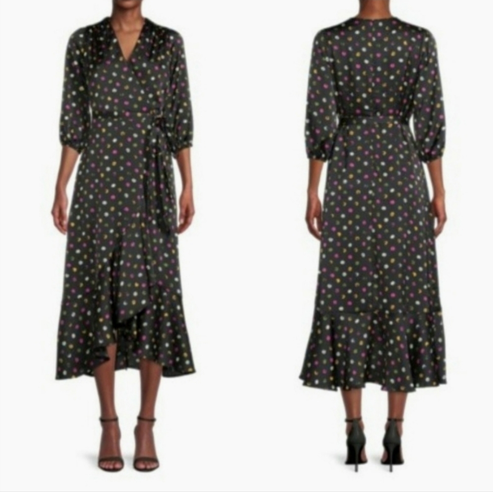 Sam Edelman Polka Dot Satin Wrap Dress Midi Multi Color & Black Tie Waist 6